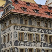 Spectacular carvings on this building. Prague.